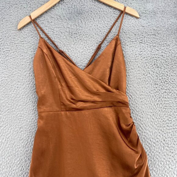 Lulus Dress Women Extra Small Hot Night Out Bronze Satin Surplice Faux Wrap Mini - Picture 3 of 11